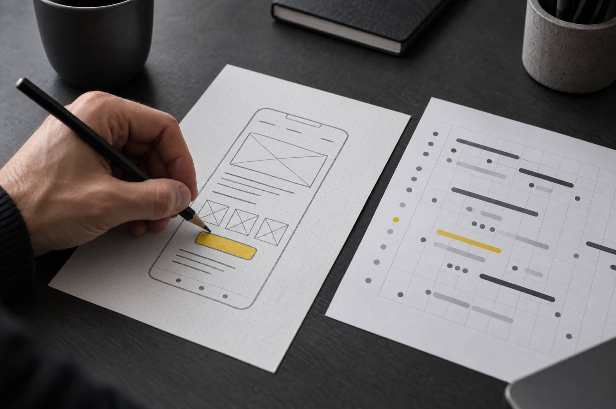 Hand skizziert mit Bleistift eine mobile Website mit gelber Schaltfläche auf Punktraster-Papier, daneben ein abstrakter Fahrplan