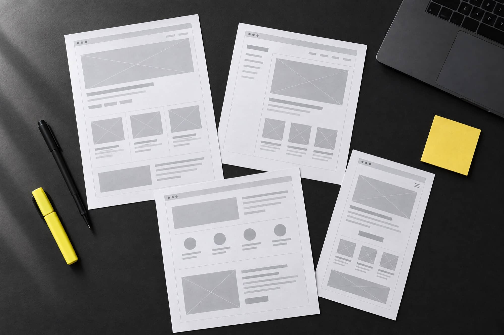 Ausgedruckte Website-Entwürfe als Drahtmodelle auf einem dunklen Schreibtisch, daneben Stift, Textmarker und ein gelber Notizzettel